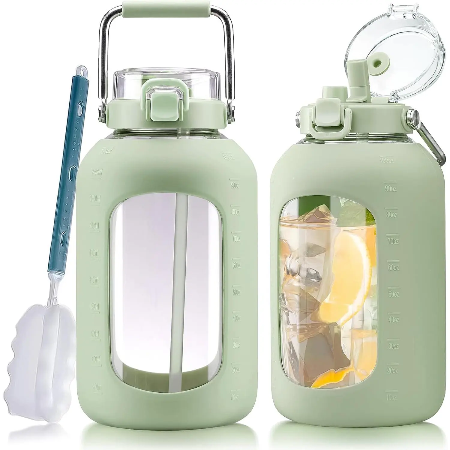 Large Glass Water Bottles with Stainless Steel Handle,100 oz Gallon  Drinking Bottle with 2-in-1 Straw Lid,3 Liter Glass Water Jug with  Sleeve,Wide Mouth,Light Green - TikTok Shop