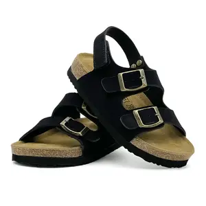 Sandals For Toddler Kid With Soft Cork Footbed, Mens Slip On Clog Mules With Adjustable Double Buckle, Open Toe Flat Slide Shoes, Summer Outdoor Back Strap Slipper