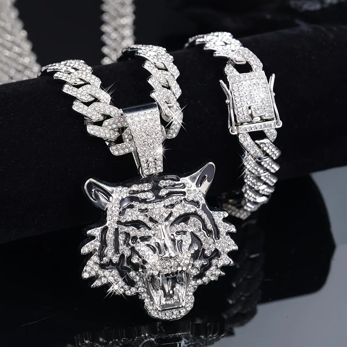 Miami Cuban 3 Pieces Shiny and Cool 3D Tiger Pendant Necklace + Bracelet Set - Durable Structure, Unisex Hip Hop Men's Necklace Jewelry