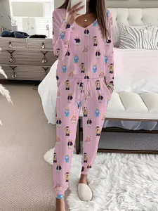 Cute Bear Striped Print Fall Winter Pajama Set, Comfortable Collared Top and Elastic Pants, Casual Homewear for Women