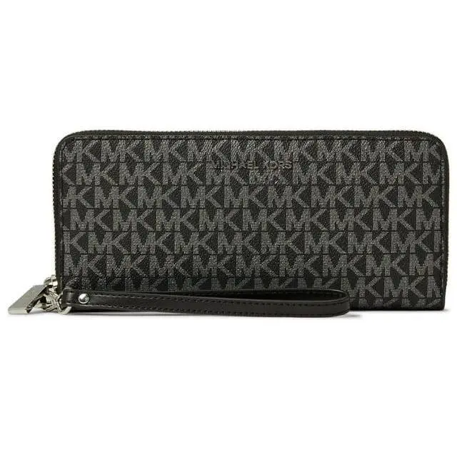 MICHAEL KORS Jet Set Travel Continental Wristlet in Metallic Signature-Print Coated Canvas with 17 Card Slots and 5 Slip Pockets, Card Storage, Travelers, Logo Print, Clean Lines, Zip Closure