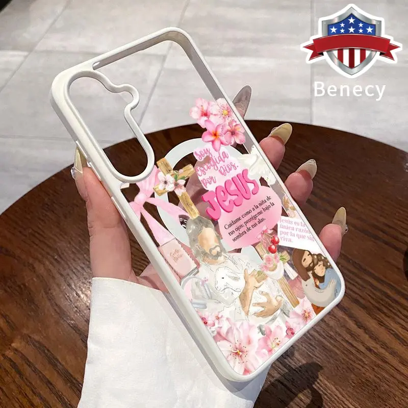 Magnetic Smartphone Case, Transparent Acrylic & Soft Silicone Cover for Galaxy S22+ S23 Ultra S24 Plus FE S25 S26 Edge - Retro Jesus Pattern, Non-Yellowing, Shockproof, Durable Protection, Wireless Charging Support - Cellphone Handheld Devices Accessories