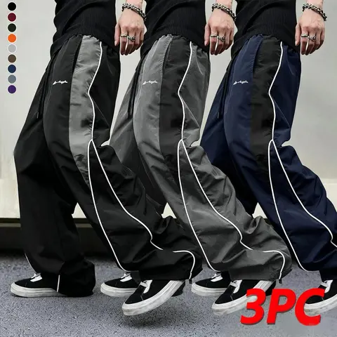 Men's high street style contrasting color splicing side striped tied wide-leg pants, American retro Los Angeles printed design loose drape sweatpants, multi-color optional thin casual pants are suitable for spring and summer wear
