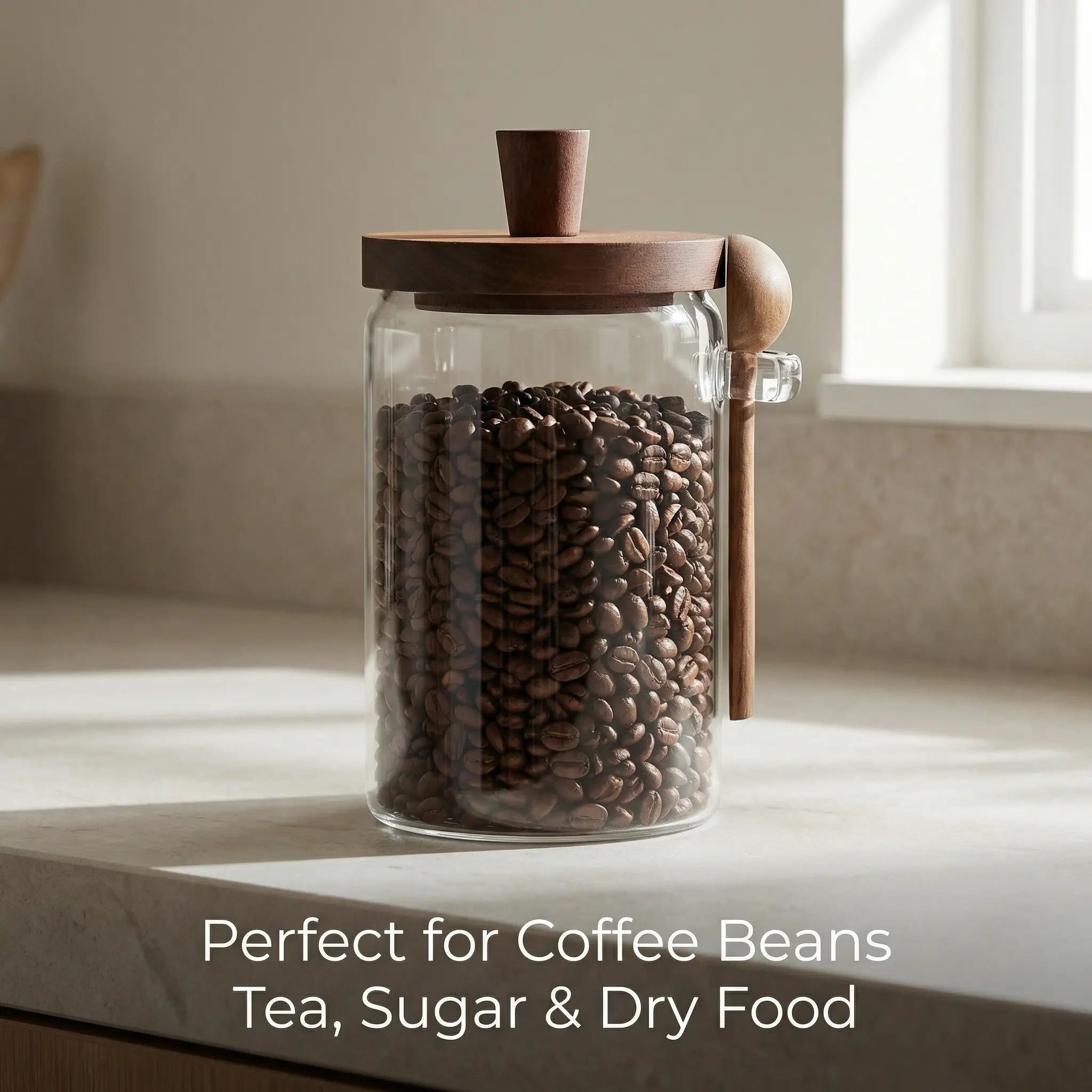 Glass Coffee Bean Storage Canister with Bamboo Lid & Spoon, Airtight Food Storage Jar Container for Coffee Beans, Tea, Sugar & Spices