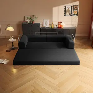 Multi Functional Sofa Bed No Assembly Convertible Tatami Floor Couch with Pillows for Living Room Bedroom and Studio Black Color