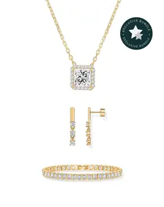PAVOI 14K Gold Plated Timeless Jewelry Set for Women – Triple Stone Bar Flatback Stud Earrings, Radiant Cut Bezel Tennis Bracelet & Princess Cut Halo Pendant Necklace - Simulated Diamond Gold Jewelry Set - TikTok Exclusive Bundle