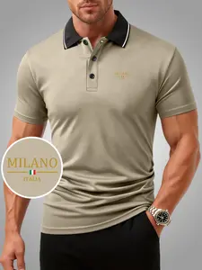 New men's polo shirt, MILANO ITALIA printed pattern, fashionable casual quick-drying and breathable men's short-sleeved top, durable, breathable and stretchy, suitable for golf, fishing, camping and daily wear, all-season and easy to care for.