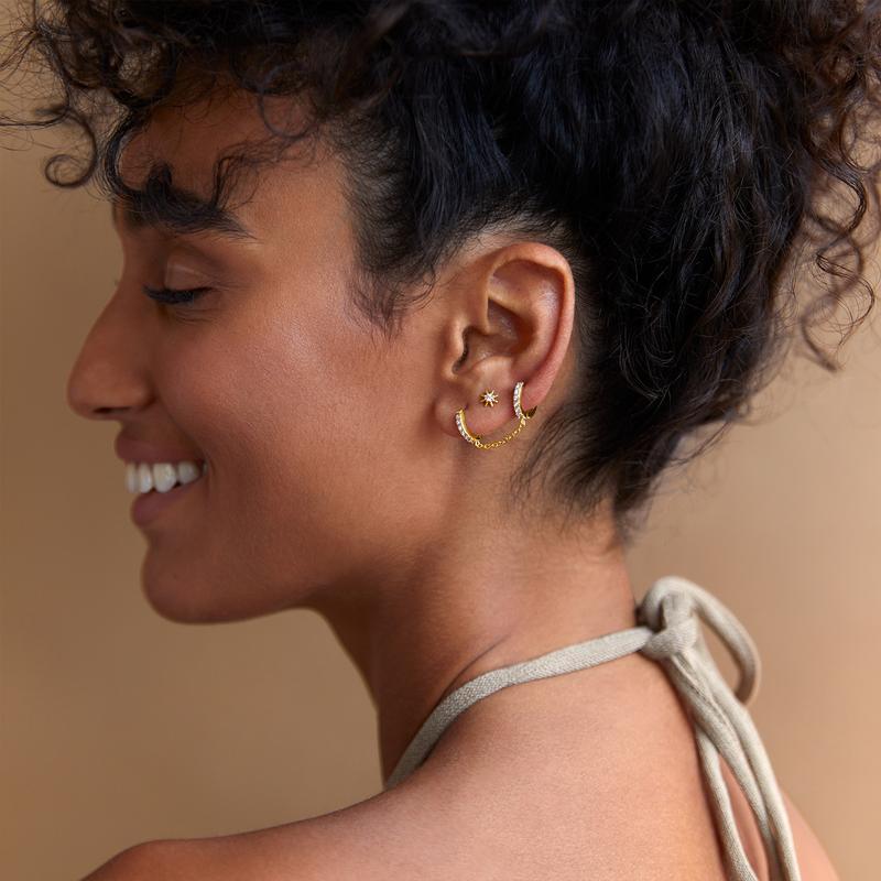 PAVOI 14K Gold Chain Earrings for Women | Double Piercing Dangle Chain Huggie Hoop Earrings |Double Cubic Zirconia  Stud Ear Cuff Earrings for Women