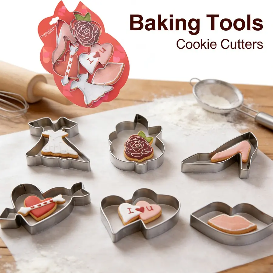 6-Piece Heart Cookie Mold Set, Perfect for Romantic Dates, Rose/bridal/high Heel Cookies, Ideal for Valentine's Day Baking