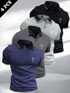 Men's 4-piece set personalized printed premium polo shirt - button collar, slightly stretchy fabric, lightweight summer workwear formal shirt - short-sleeve Dalesan earth yellow knit men's tropical stretch polyester single-layer flat item. Mixed Color Men