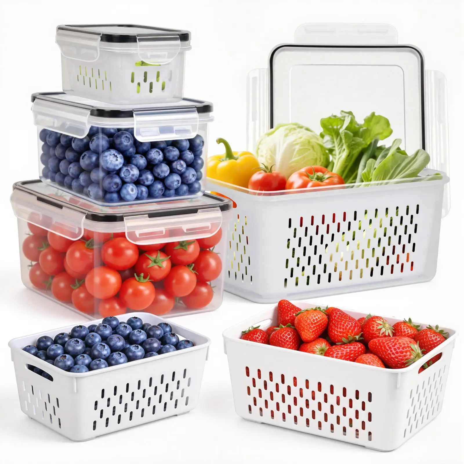 4 Pack Large Fruit Containers for Fridge - Leakproof Food Storage Containers with Removable Colander - Dishwasher & microwave safe Produce Containers Keep Fruits, Vegetables, Berry, Meat Fresh longer