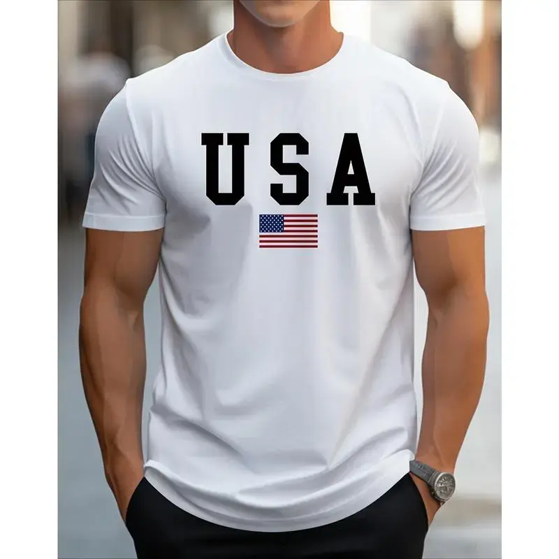 Men's Patriotic Cotton Short-Sleeve Round Neck Graphic Tee Shirt - Americana Motifs, Casual Fit, Slight Stretch, All-Season Tops, 4th of July Wear, Minimalist Menswear (Size M)