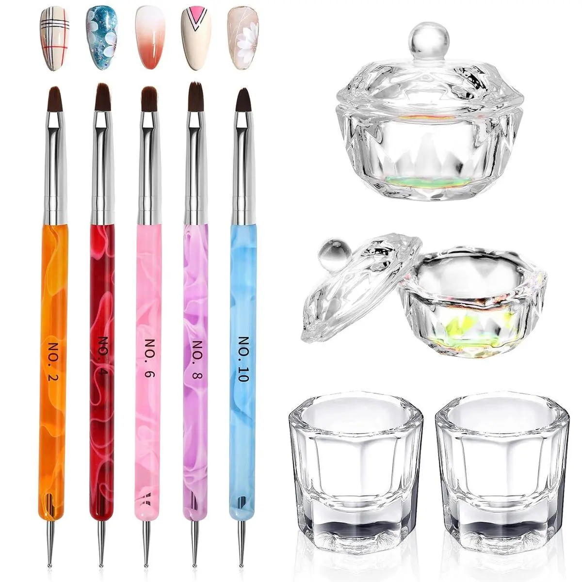 9Pcs Nail Art Brushes Dappen Dish Set for Monomer Acrylic Nail Liquid Powder: 2 Dappen Dish for Acrylics Nails with Lid & 2 Glass Nails Cup Crystal Monomer Dishs & 5 Acrylic Nail Brush