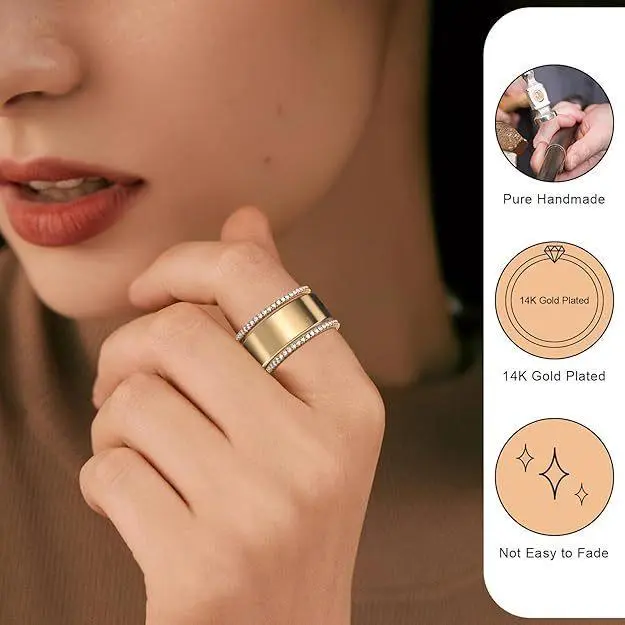 2-Pack Golden Plated Stacking Rings for Oura Gen 4/Oura Gen , Cubic Zirconia Oura Ring Stack for WomenSmooth edged diamond ring, simple and luxurious, titanium steel metal plated wide version ins style hand jewelry