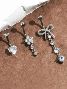3 Piece Set Cz Bow Flower Belly Button Rings, Stainless Steel 14g 10mm Rod Navel Piercing Jewelry, Heart Shaped Belly Ring Accessories