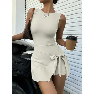 Women’s sleeveless jumpsuit with high neck and U-back design, built-in shorts and openable skirt, casual, everyday, breathable and lightweight loungewear