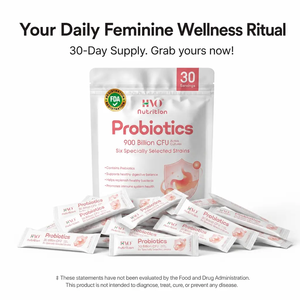 HVO Nutrition Women's Daily Probiotics Sticks - 30 Count Sugar Free Fast-Melt Sachets, 30B CFU, 6 Clinically Studied Strains with Prebiotic Fiber for pH Balance, Feminine Freshness, Gut Support, Digestive Comfort