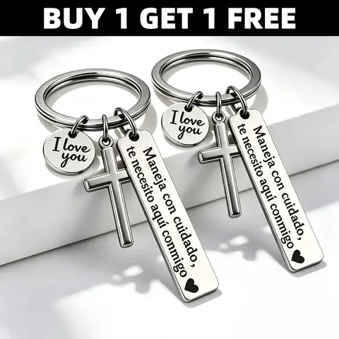 【Gift for Your Beloved】2PCS Maneja Con Cuidado Te Necesito Aquí Conmigo Keychain with Cross & "I Love You" Charm, Spanish Drive Safe Stainless Steel Keyring, Romantic Religious Gift for Him/Her Perfect holiday gift, birthday gift and event gift for lovers