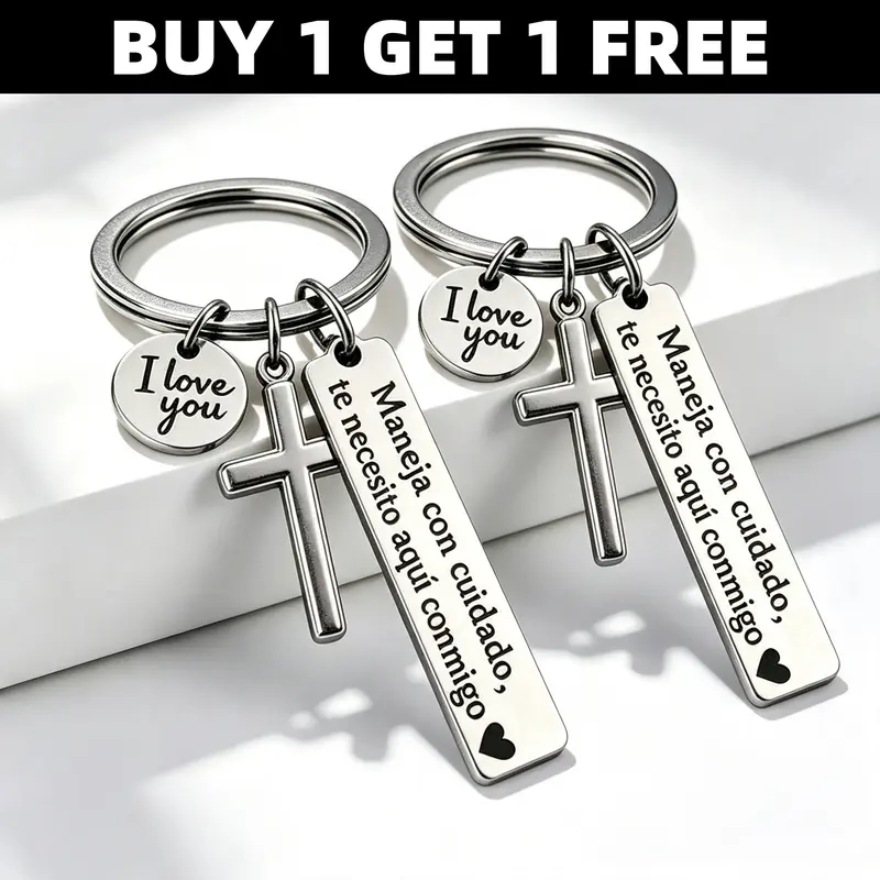 【Gift for Your Beloved】2PCS Maneja Con Cuidado Te Necesito Aquí Conmigo Keychain with Cross & "I Love You" Charm, Spanish Drive Safe Stainless Steel Keyring, Romantic Religious Gift for Him/Her Perfect holiday gift, birthday gift and event gift for lovers
