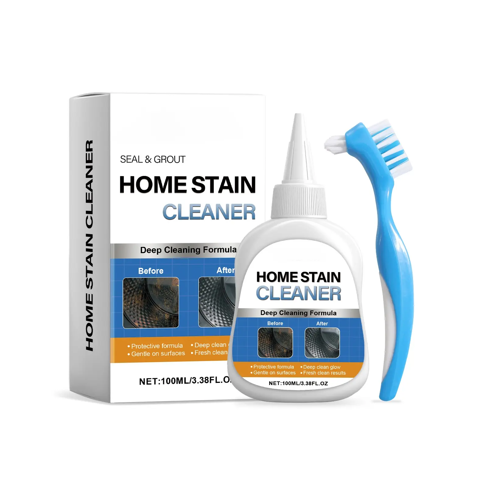 Household Heavy-Duty Mold Stain Remover Gel (100ML) - For Washing Machine Seal, Bathroom Grout, Tile Stains, Includes Brush & Gloves