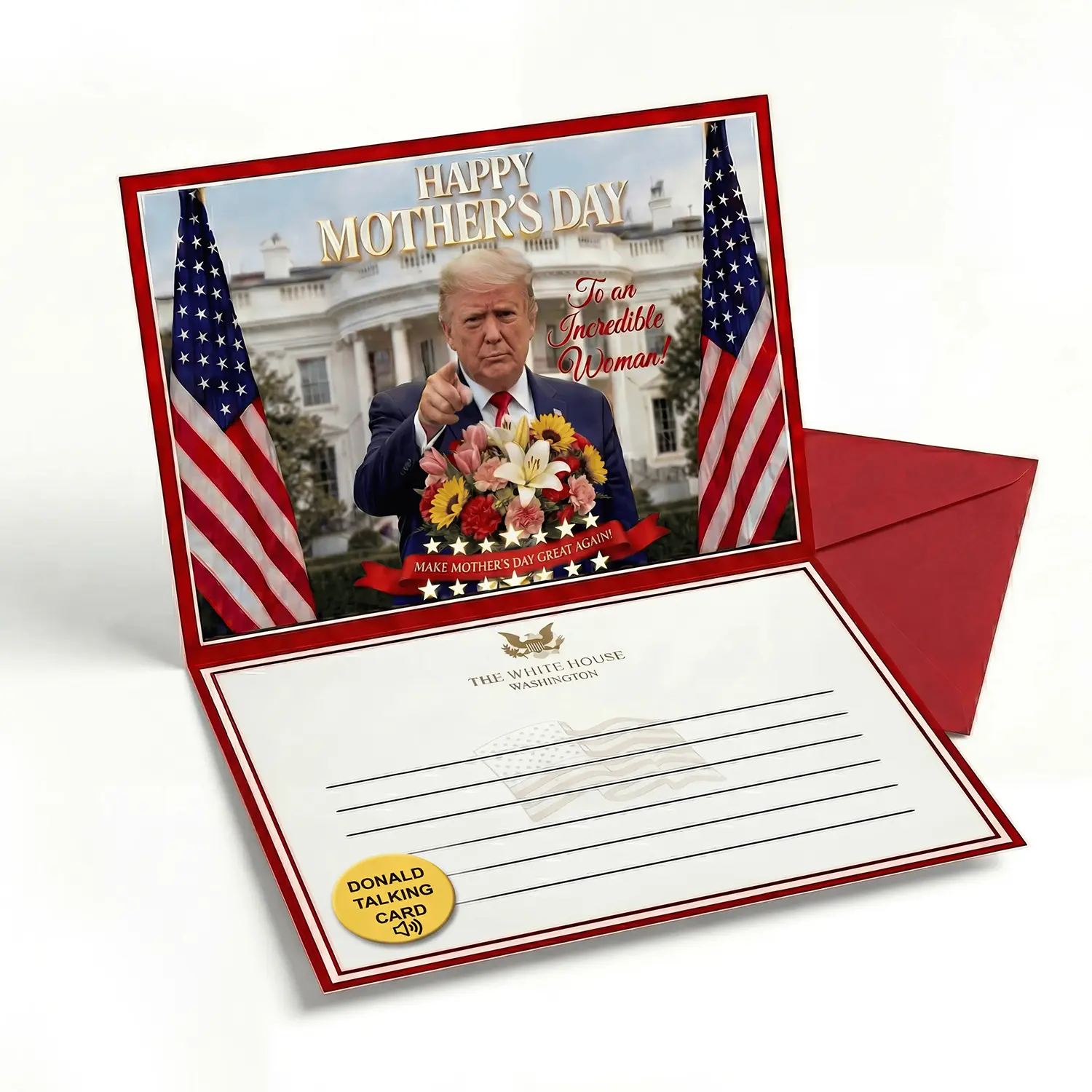 Trump Talking Mother's Day Card with Real Voice - Funny "You Are Tremendous" Presidential Gag Gift for Mom, Wife, Grandma - 5x7 Greeting Card with Red Envelope - Make Mother’s Day Great Again
