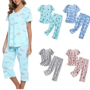 2025 Short-Sleeved Cropped Pants Suit Knitted Cotton Home Wear Suit plus Size Women's Pajamas sleep shirt Loungewear Nightwear Womenswear Homewear