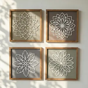 Novabright 3D Wooden Floral Bathroom Wall Decor Set of 4 Morandi Mandala Earth Tones Wall Boho Art Botanical Farmhouse Bathroom Decorations For Living Room, Bedroom, Office