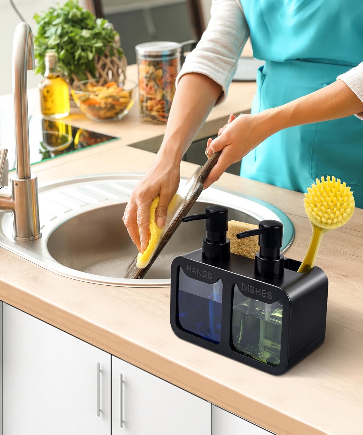 Kitchen Hand Soap and Dish Soap Dispenser Set, Dual Soap Dispenser with Sponge Caddy and Brush Holder 4-in-1 Organizer for Kitchen Sink Countertop, Useful Kitchen Gadgets - Black Kitchen Hand Soap and Dish Soap Dispenser Set, Dual Soap Dispenser with Sponge Caddy and Brush Holder 4-in-1 Organizer for Kitchen Sink Countertop, Useful Kitchen Gadgets - Black