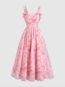 Sweet Floral Print Woven Spaghetti Strap Fitted Casual Womenswear Dress with Retro Square Neck and Bow Detail, Lightweight and Flowing, Perfect for Outings and Parties