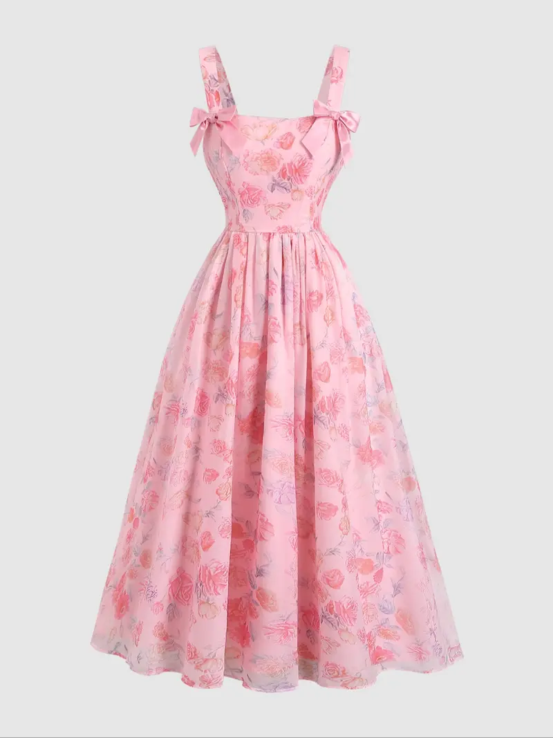 Sweet Floral Print Spaghetti Strap Dress with Retro Square Neck and Bow Detail, Lightweight and Flowing, Perfect for Outings and Parties