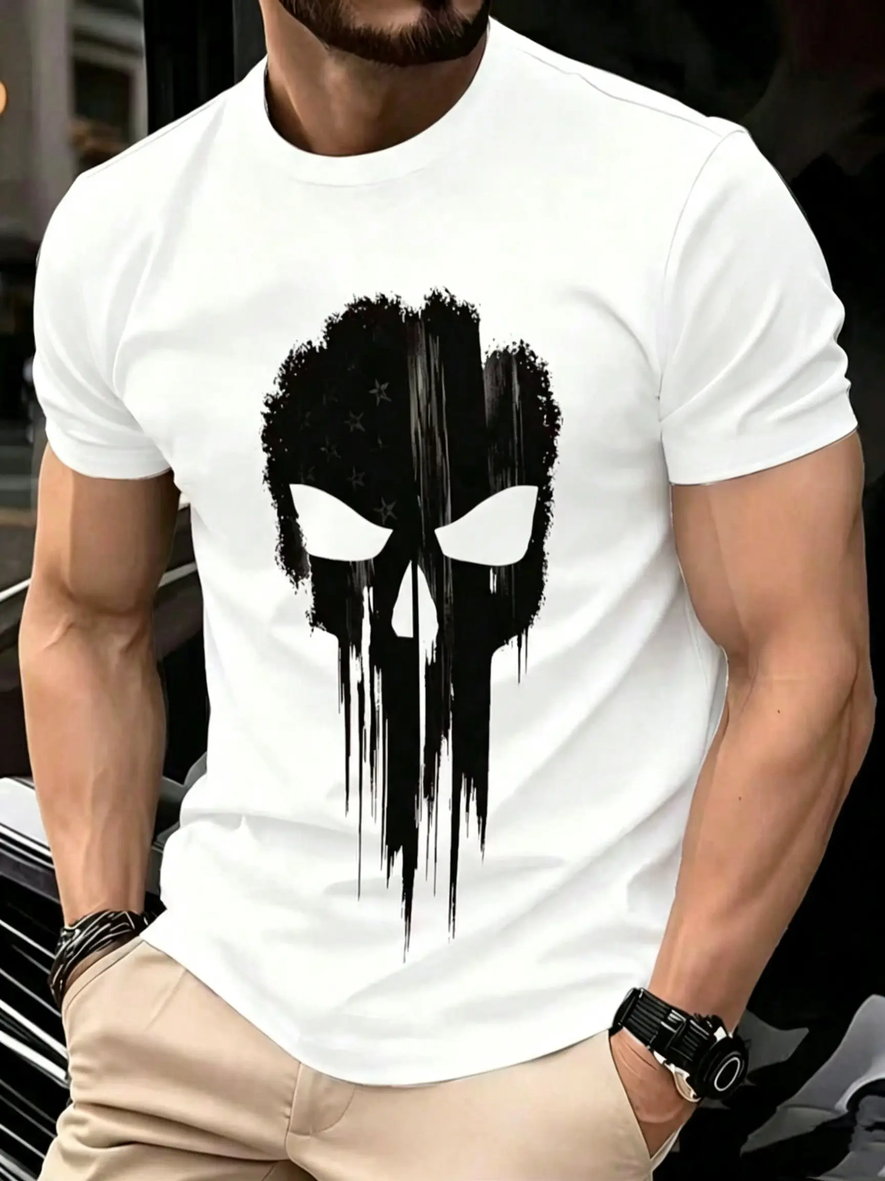 Men’s Classic Pure Cotton Plus-Size Crew Neck Shortsleeve T-Shirt - Vintage Distressed Punisher Skull Graphic, Casual Loose Streetwear Top with Outdoor Vibe, Cargo-Inspired Comfort for Back-to-School