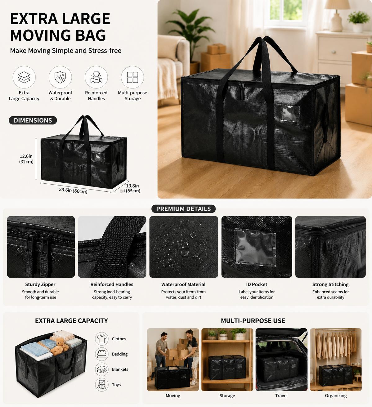 Extra-Large Heavy-Duty Moving Bag – Waterproof Storage Tote with Handles and Zipper | Collapsible | Ideal for College Dorms, General Storage, Grocery Shopping, Insulated Hot/Cold Food Transport (Pizza Delivery, Catering), Reusable & Durable Foldable