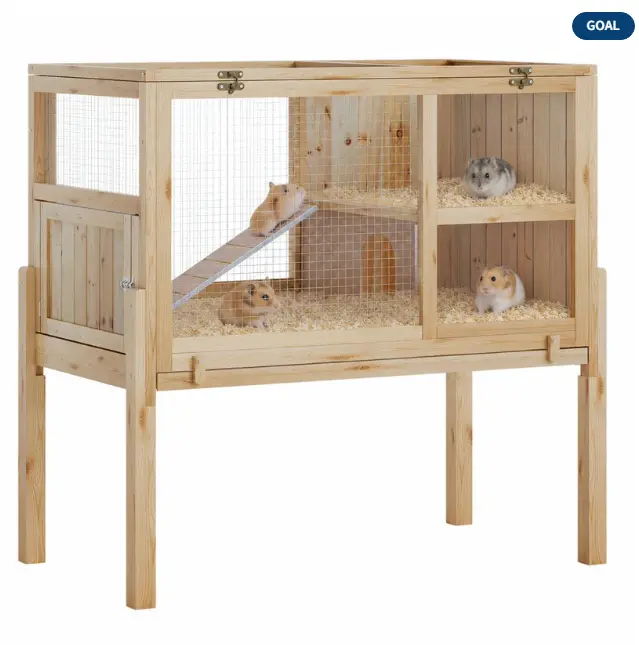 38" Wooden Guinea Pig Cage with Stand, 2-Story Small Animal Habitat with Clear View Panels, Pull-Out Tray & Lockable Door, Rabbit Hutch, Brown