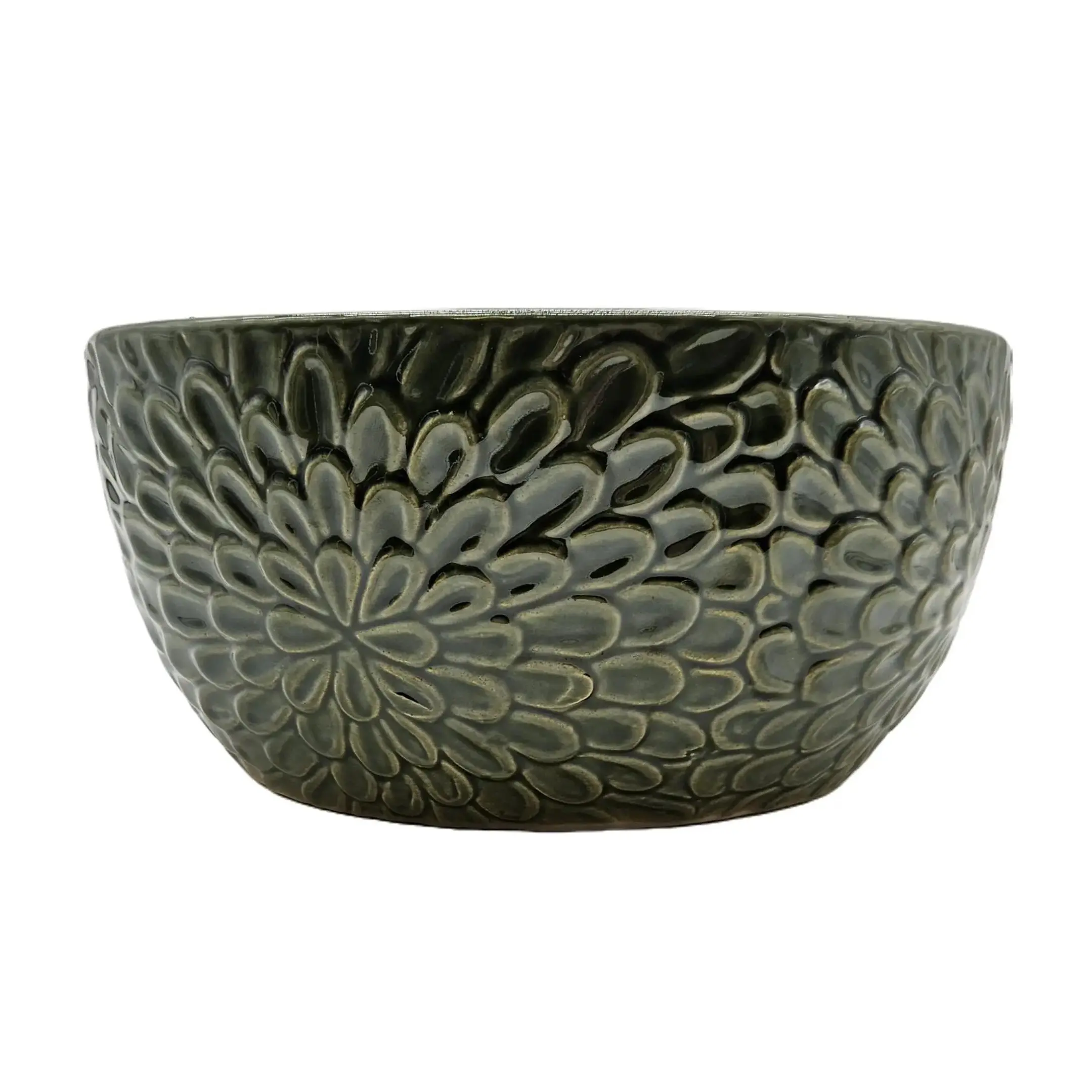 Blooming Flower Glazed Ceramic Planter Bowl - Classic Brown & Olive Green Design - 12" Diameter - Elegant Tableware for Home Decor