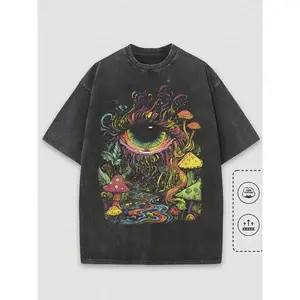 Summer T-Shirt, 230G Washed T-Shirt, "Creative Forest And Eye Illustration", Pattern Printed T-Shirt, Wax Printed Cotton Thickness, Outdoor Activities, Great Gift Item W