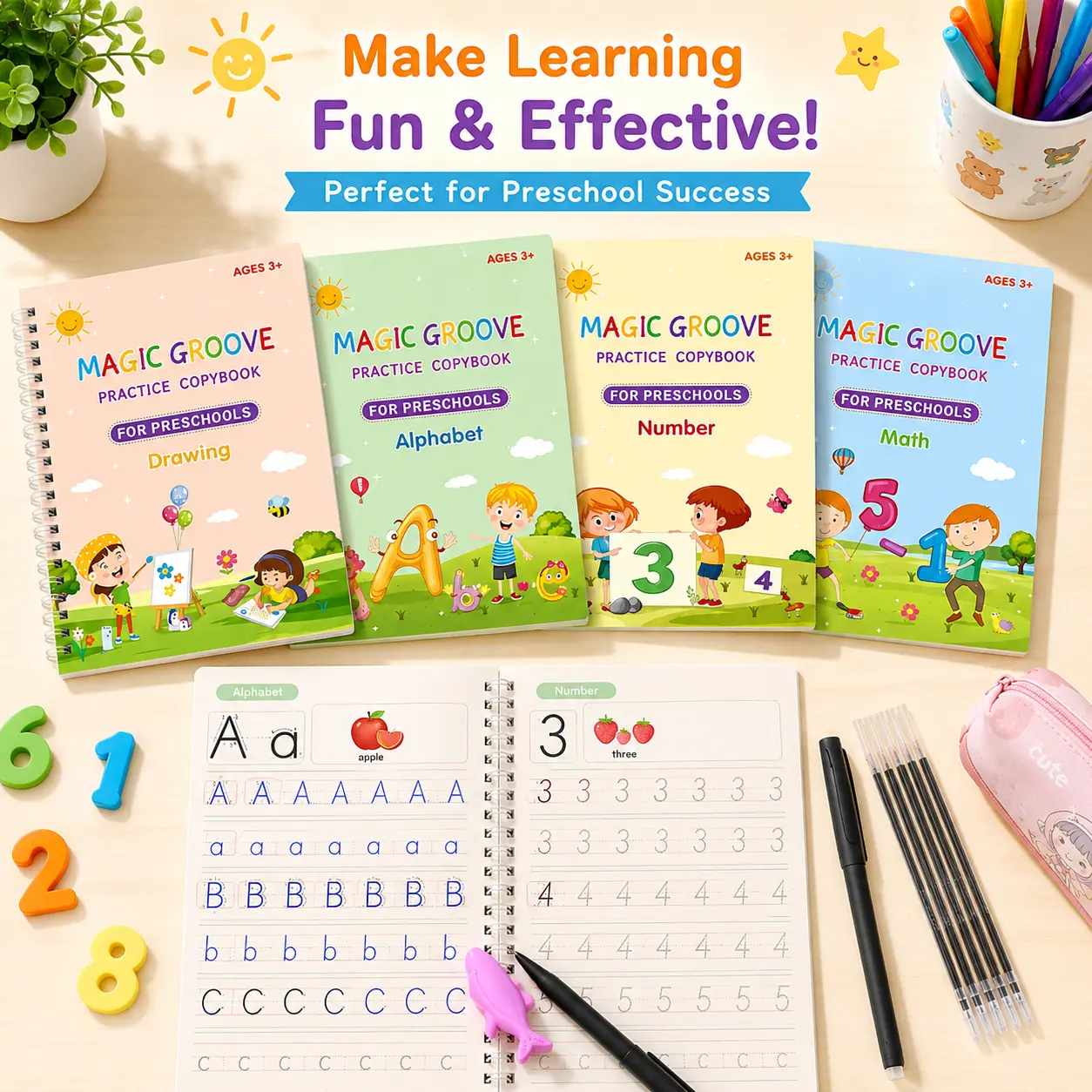 4 Pcs Magic Grooved Practice Copybook, Reusable Writing Magic Book, Grooved Handwriting Workbooks, Large Practice Scribe Book Set for Kids Preschool Calligraphy Learning Number Letter Math Drawing Tracing Books