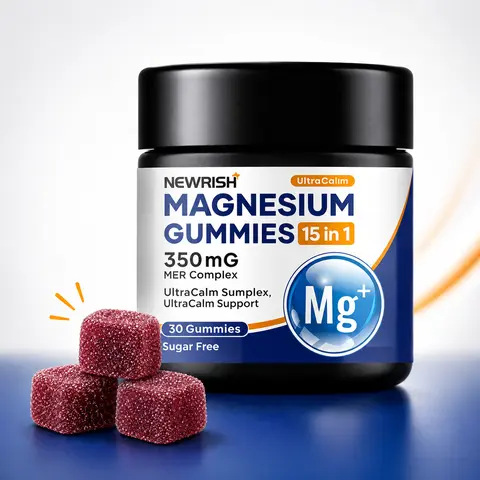 Newrish 15-in-1 Dietary Magnesium Complex Supplement Gummies - Natural, Gluten-Free, Sugar-Free Vegan Chewables, 30 Gummies Jar, 24 Months Shelf Life, Organic South African Drunken Eggplant, L-Theanine, Vitamin D3, Zinc for Mood Soothing
