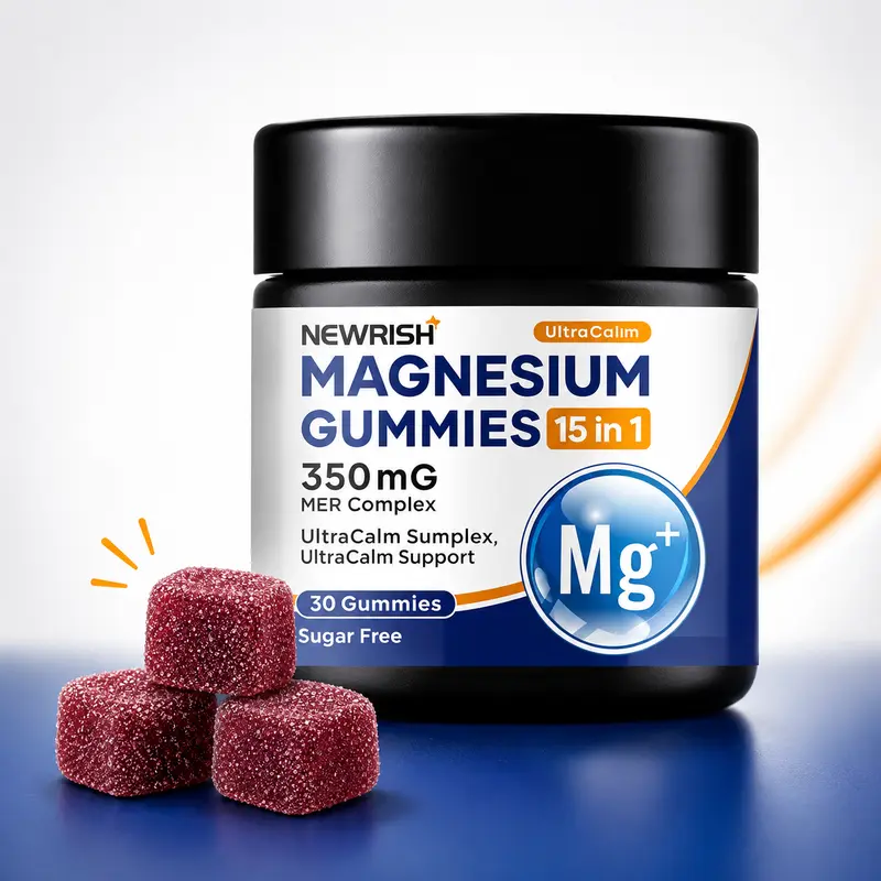 Newrish 15-in-1 Dietary Magnesium Complex Supplement Gummies - Natural, Gluten-Free, Sugar-Free Vegan Chewables, 30 Gummies Jar, 24 Months Shelf Life, Organic South African Drunken Eggplant, L-Theanine, Vitamin D3, Zinc for Mood Soothing