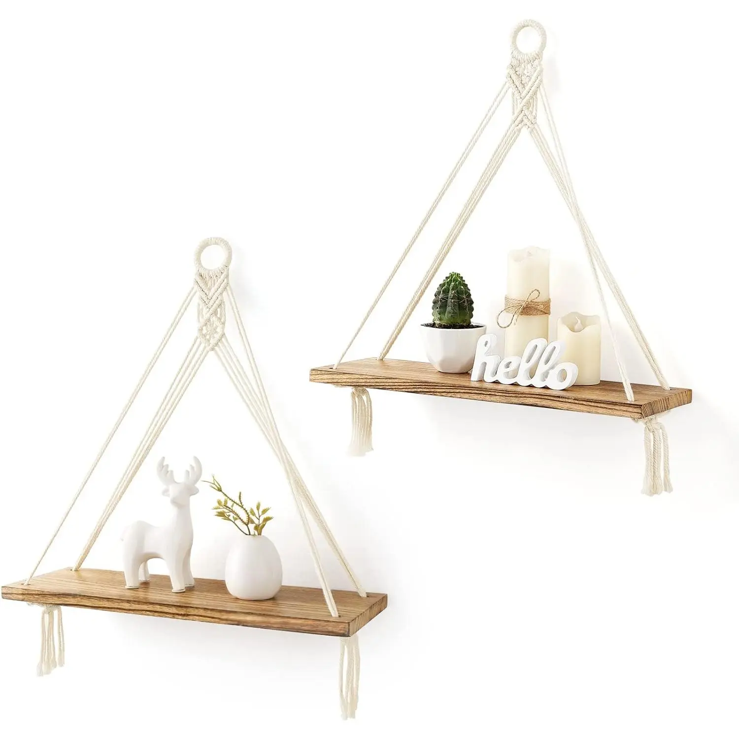 Macrame Hanging Shelves Boho Wall Decor Set of 2 Rustic  Floating Storage Shelf for Bedroom Bathroom Living Room  Dorm Room, Display Shelving for Hanging  Photos