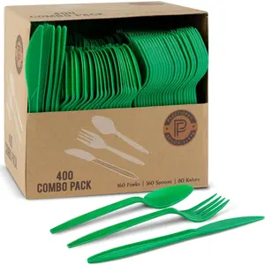 400 Pack Disposable Christmass Green Cutlerys Plastic Utensils Assorted Colored Cutlery Combo Set Forks Spoons  Silverware, Green Plastic Cutlery for Parties
