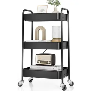 3-Tier Metal Rolling Cart with Wheels, Storage Utility Organizer Cart for Kitchen, Bathroom, Office, Baby Essentials & Makeup - Lockable Casters, Easy Assembly, Large Capacity, Black