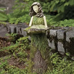 RusticForestFairyGirlBirdFeeder,OutdoorGardenStatue,ResinCraft,VintageStyle,LawnOrnament,15cm,GreenWoodlandDecorHandcraftedFigurine