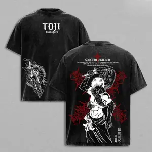 Men's Toji Fushiguro Jujutsu Kaisen Washed Vintage Oversized Heavy Cotton Graphic T-Shirt, Double-Printed Front & Back Shibuya Incident-Culling Game Prelude Battle Scene Top, Unisex Retro Streetwear Sorcerer Killer T Shirts, Graphic T Shirts