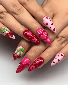 Cherry Blossom Inspired Press On Nails, Handmade Valentine's Nail Art, Handmade Red and Pink Press Ons with Cherry on Fake Nails, Red nails
