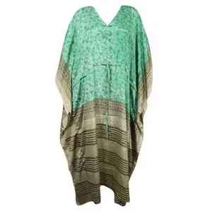 Boho Summer Maxi Kaftan, Mint Green Beach Silk Caftan Dress, L-2X