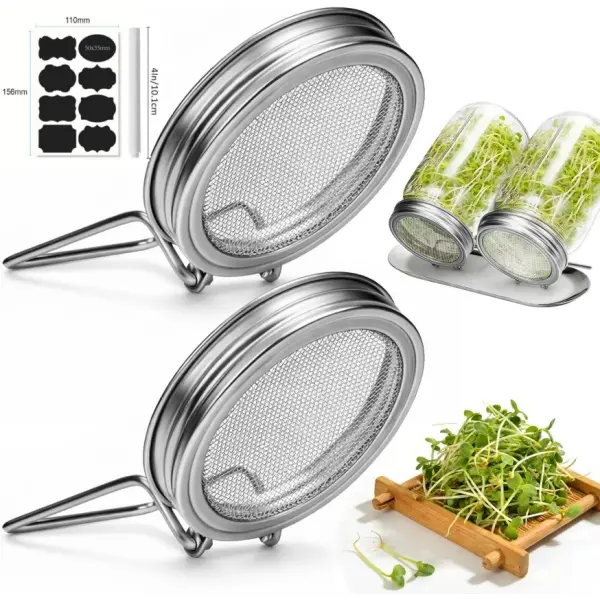 2pcs Sprouting Lids for Wide Mouth Mason Jars, Stainless Steel Reusable One-Piece Sprouting Jar Lids Kit with Built-In Stand, Seed Germination Sprouts Growing Kit for Alfalfa & Mung Bean