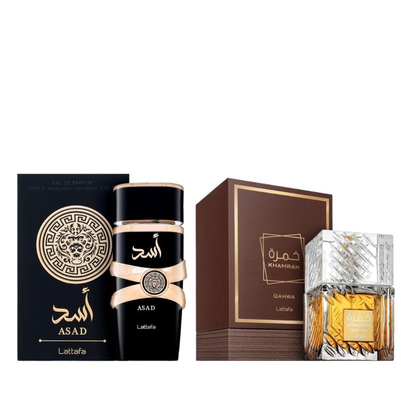 Lattafa | Khamrah Qahwa + Asad Bundle | Men's Fragrance | 3.4 oz (100) Per Bottle | Coffee | Black Pepper - Pineapple -