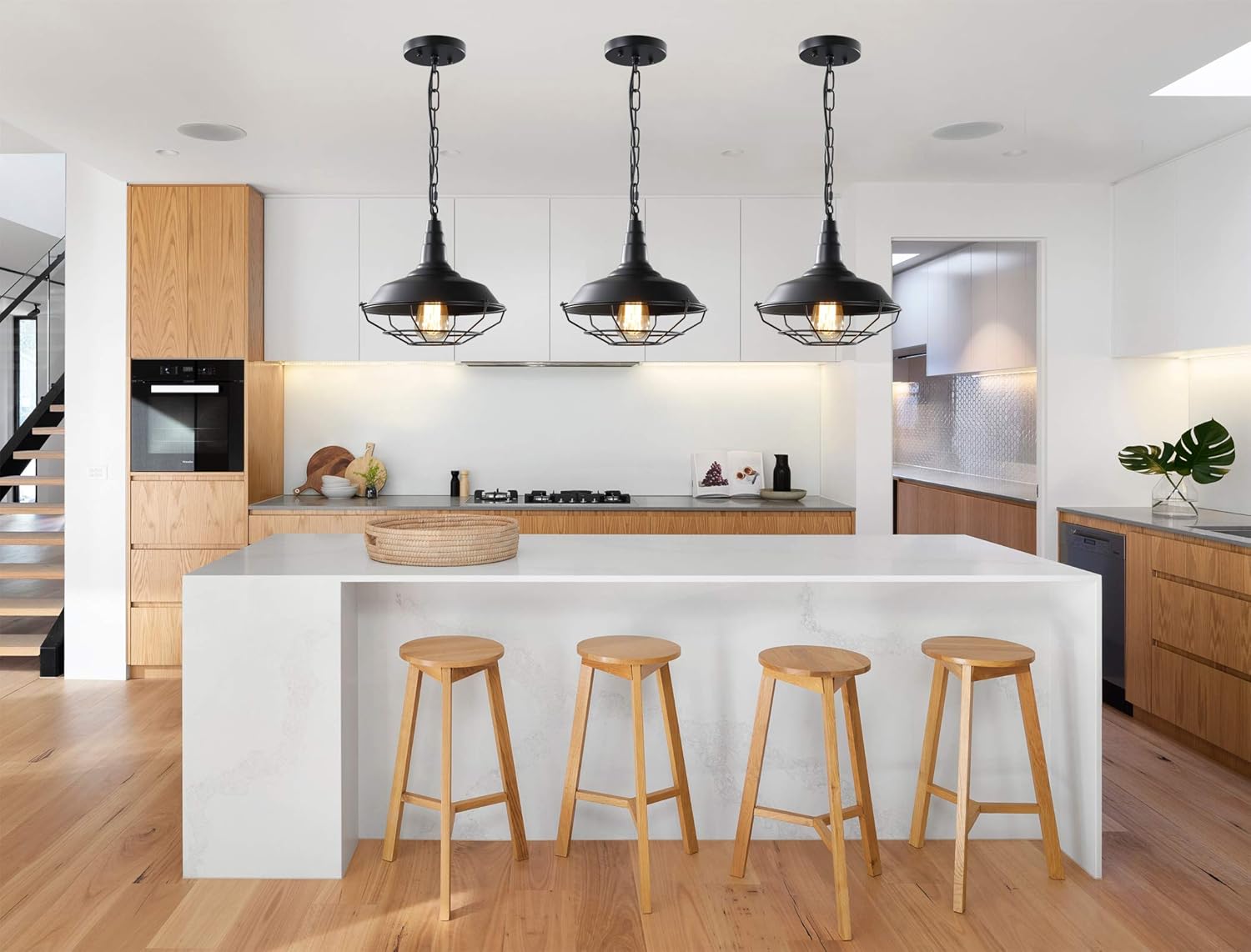 Black Farmhouse Pendant Light, 2 Pack Industrial Vintage Metal Wire Cage Hanging Light with Adjustable Chain for Kitchen Barn Hallway Porch Dining Room