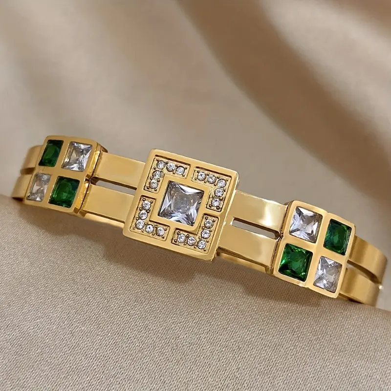 Men's Luxury Stainless Steel Bracelet with Green & Clear Cubic Synthetic  Stones - Modern Square Bezel Design, Durable Tarnish-Resistant Cuff Bangle Jewelry for Casual & Formal Wear, Formal Accessories,  Finish bracelet stack friendship bracelets arm
