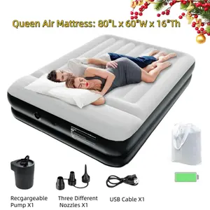 Nw 16Lbs  Christmas Gift Queen Air Mattress with Built-in Pump Portable Airbed Quick Inflate Blow Up Pillow Top Bed for Home Camping & Guests Easy Setup Comfort